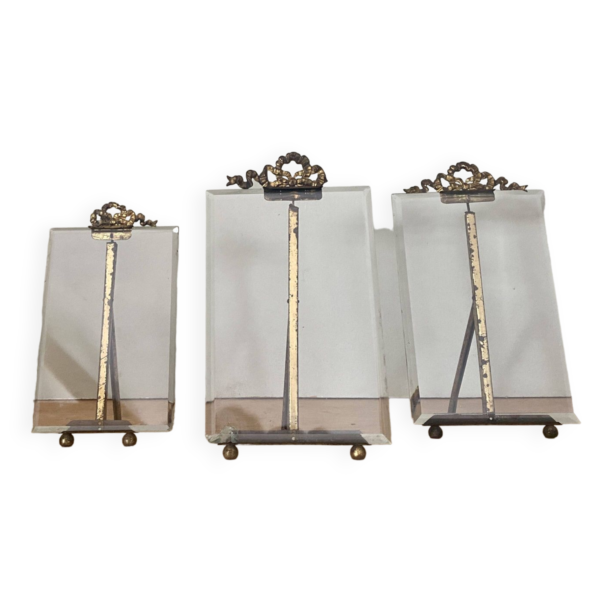 Lot de 3 cadres anciens art déco en verre biseauté et laiton