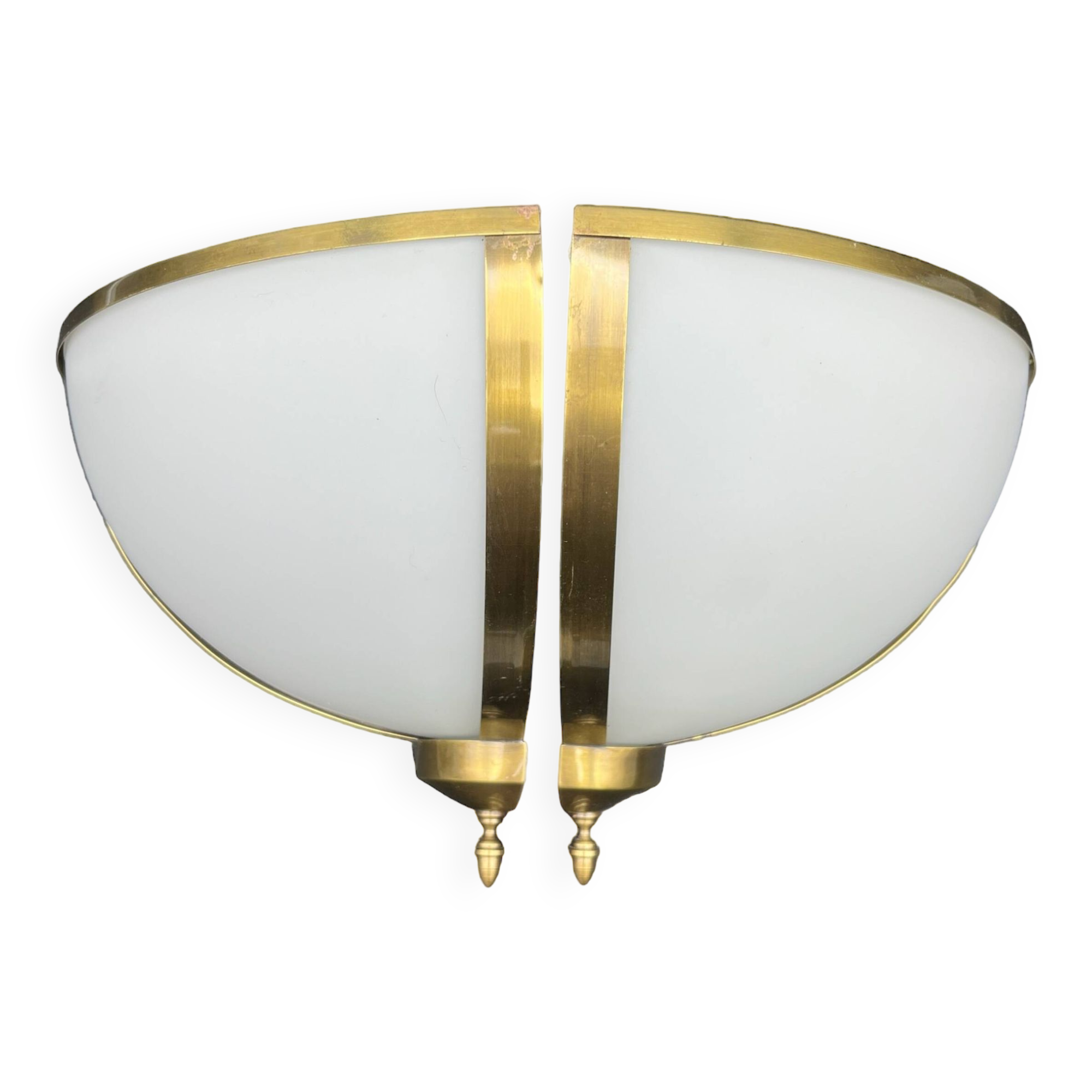 Pair of corner sconces in golden brass and matt opaline