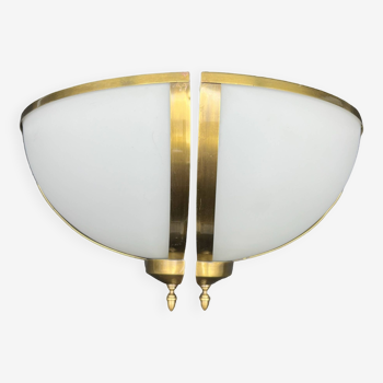 Pair of corner sconces in golden brass and matt opaline