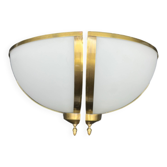 Pair of corner sconces in golden brass and matt opaline