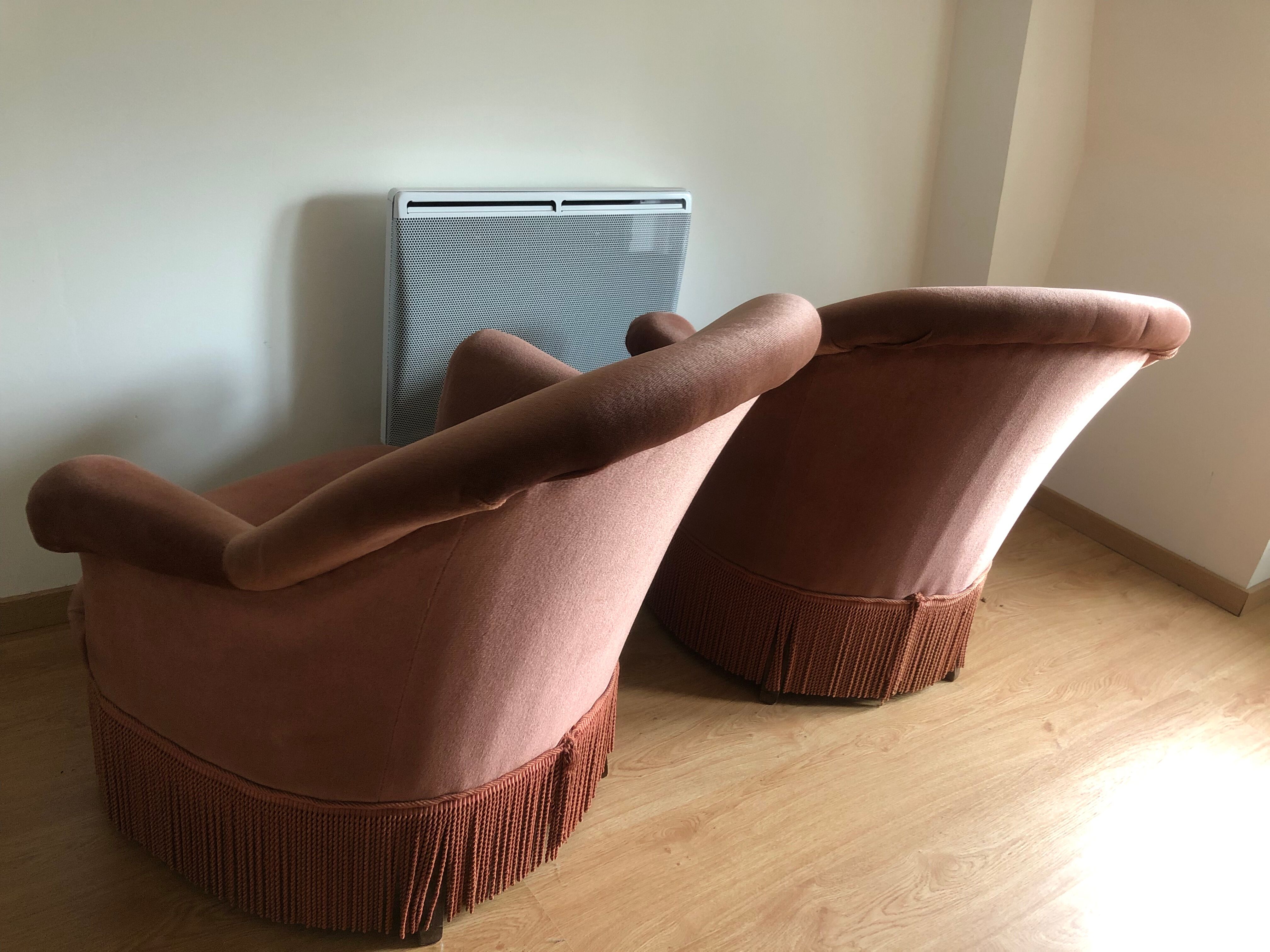 Pair of Toad Armchairs in old pink velvet
