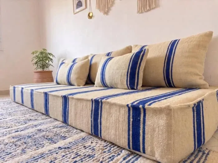 Royal blue striped floor cushion – Hanbel in handwoven ivory wool