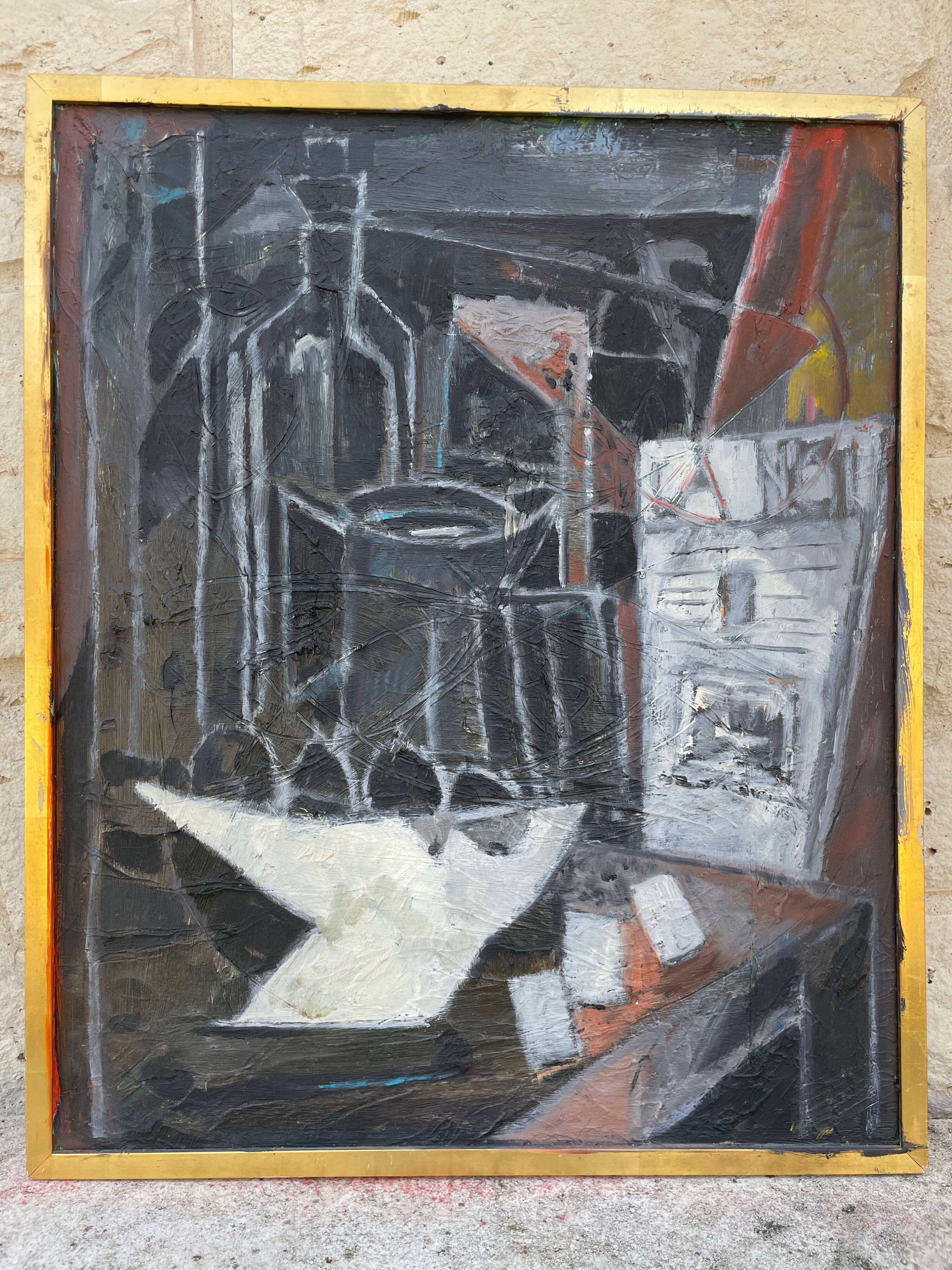 Painting modern still life painting with cubist bottle XXth
