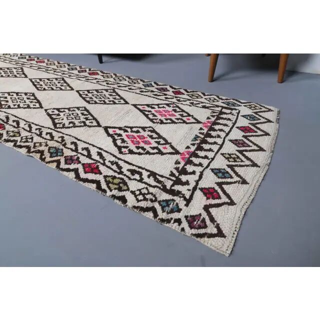 Vintage Turkish Hand-Knotted Wool Cotton White Runner 80x401