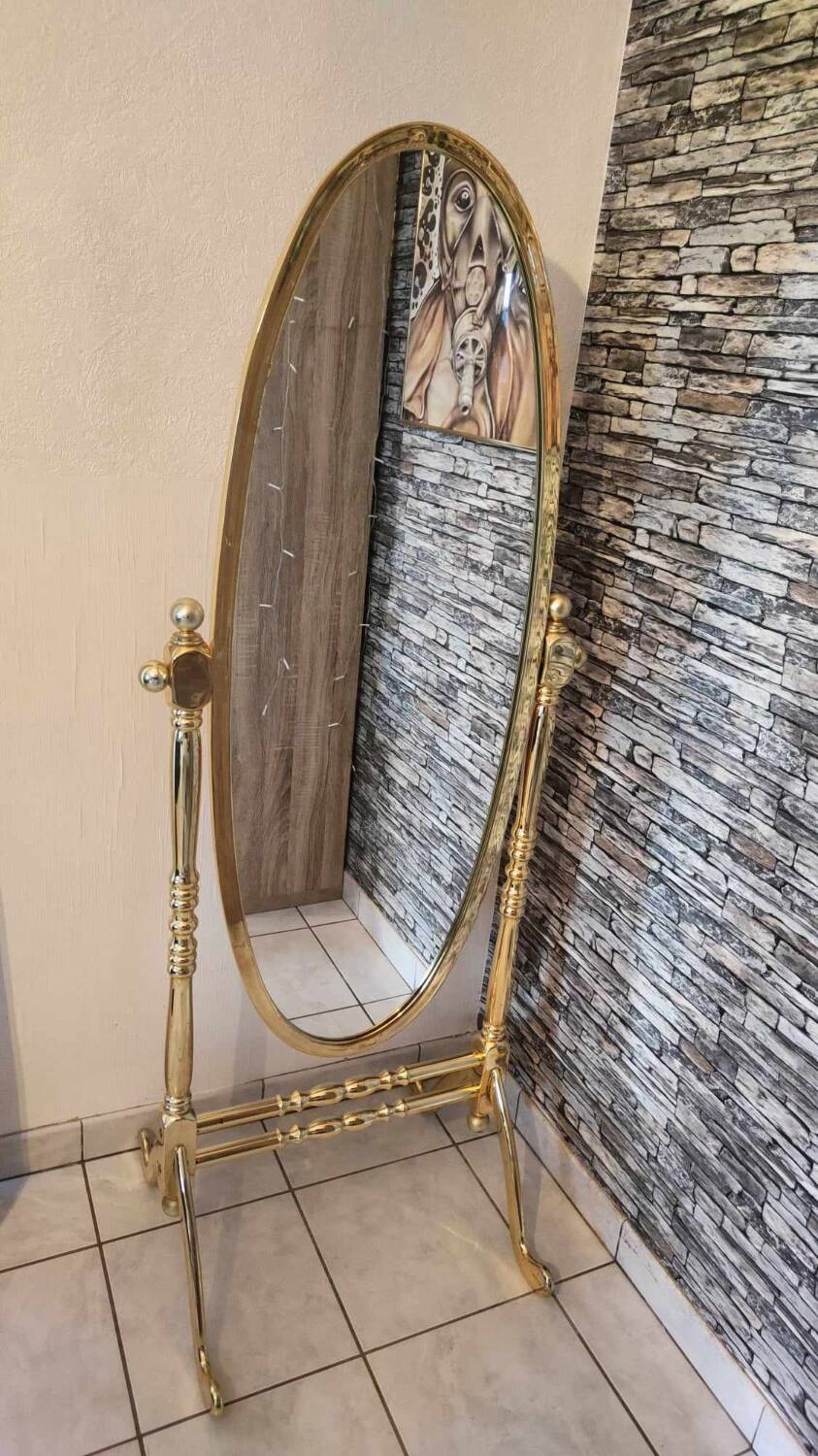 Vintage horse mirror in patinated steel with golden brass effect 1980