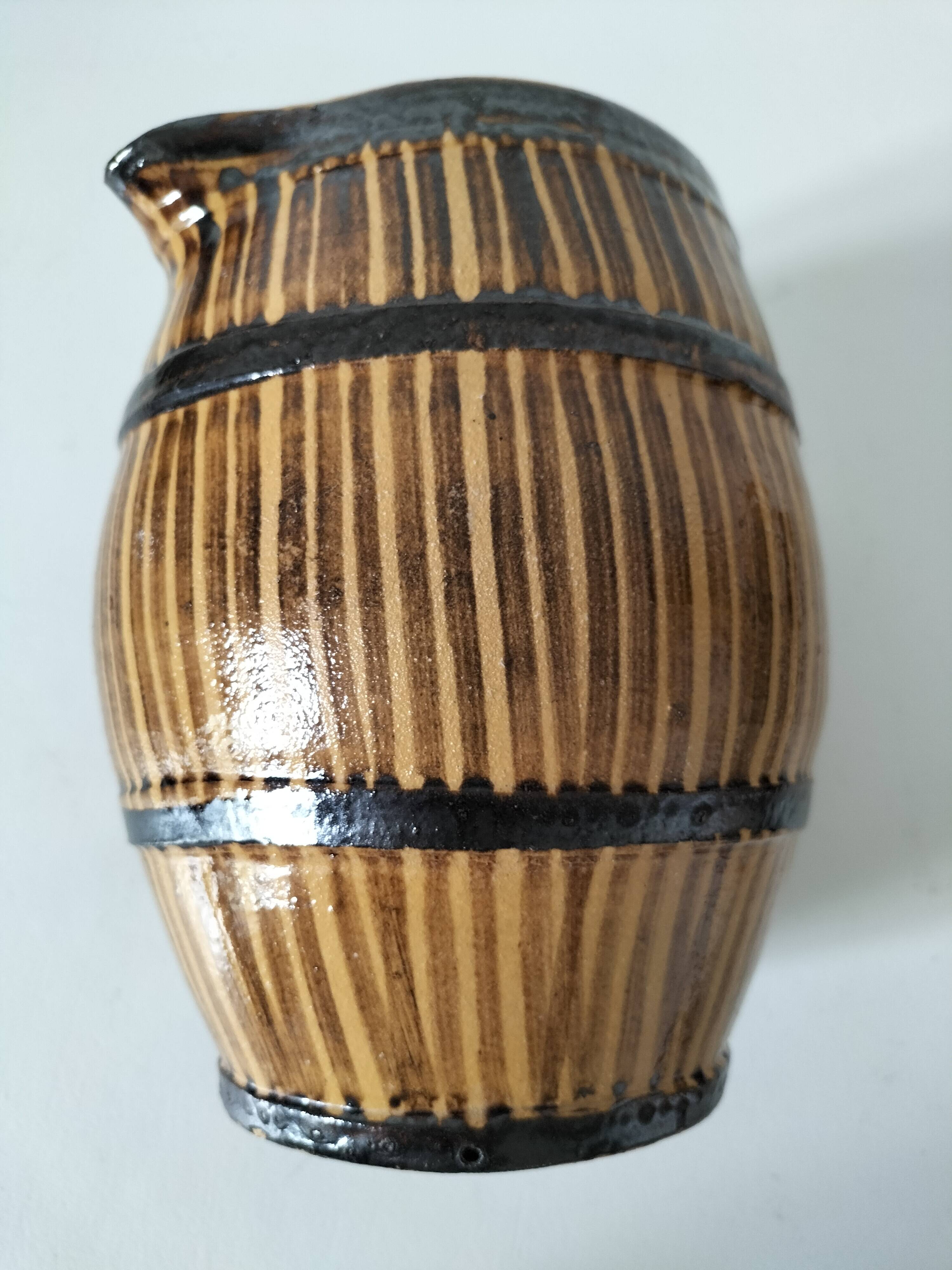 Large vintage pitcher with trompe l'oeil effect, barrel in glazed stoneware, 1950s