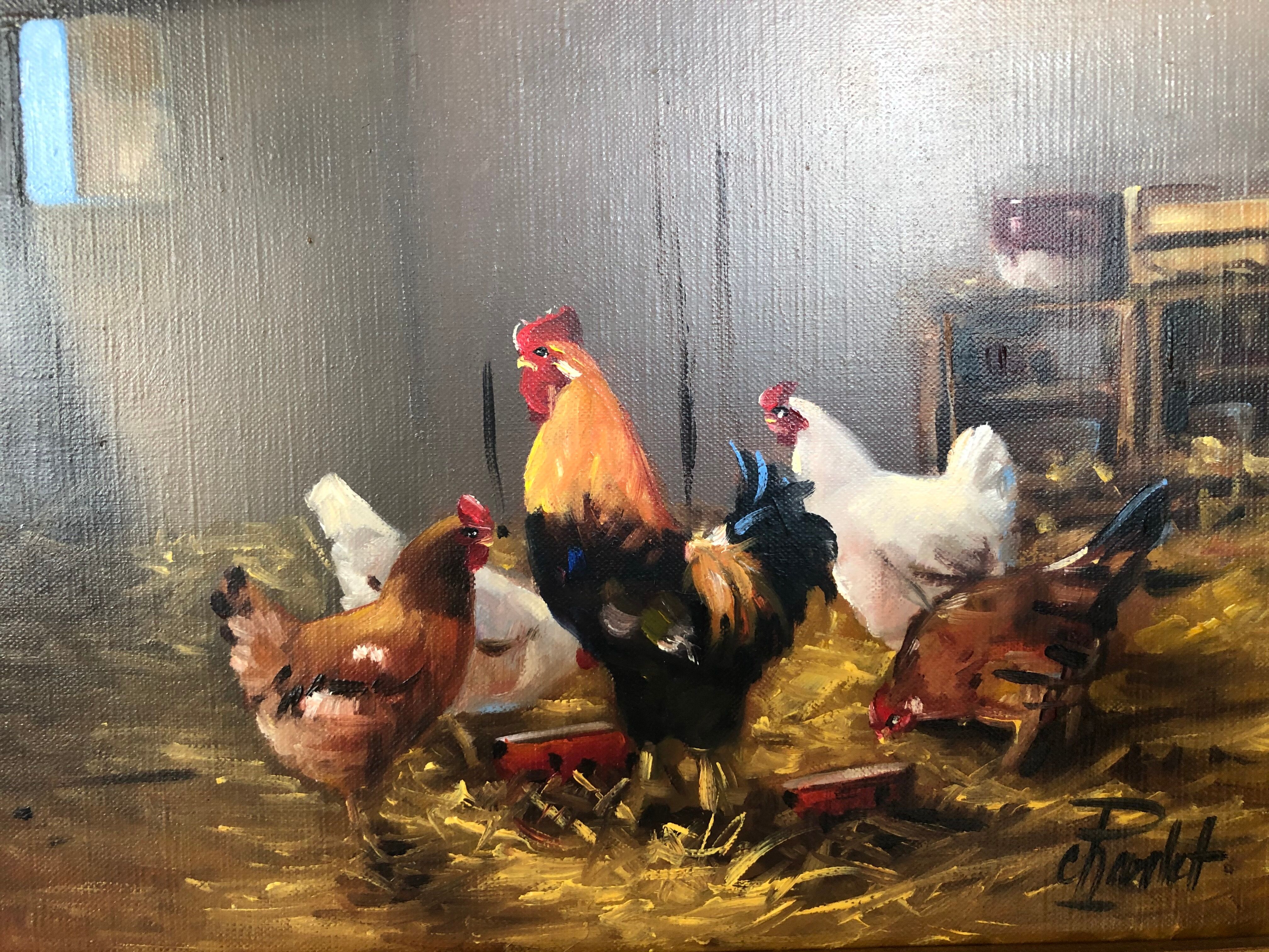 Oil on canvas: chickens and rooster