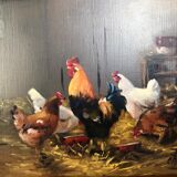 Oil on canvas: chickens and rooster