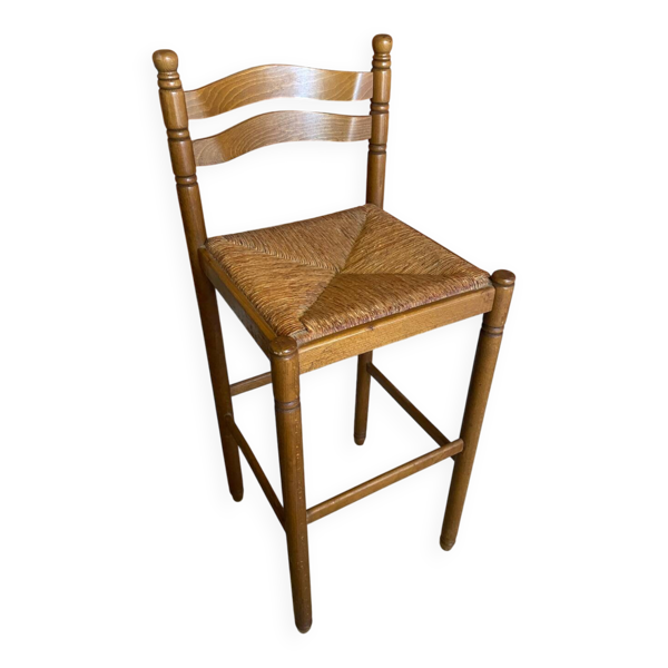 Tabouret de bar haut ancien bois tourné + assise paillée vintage