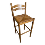 Tabouret de bar haut ancien bois tourné + assise paillée vintage