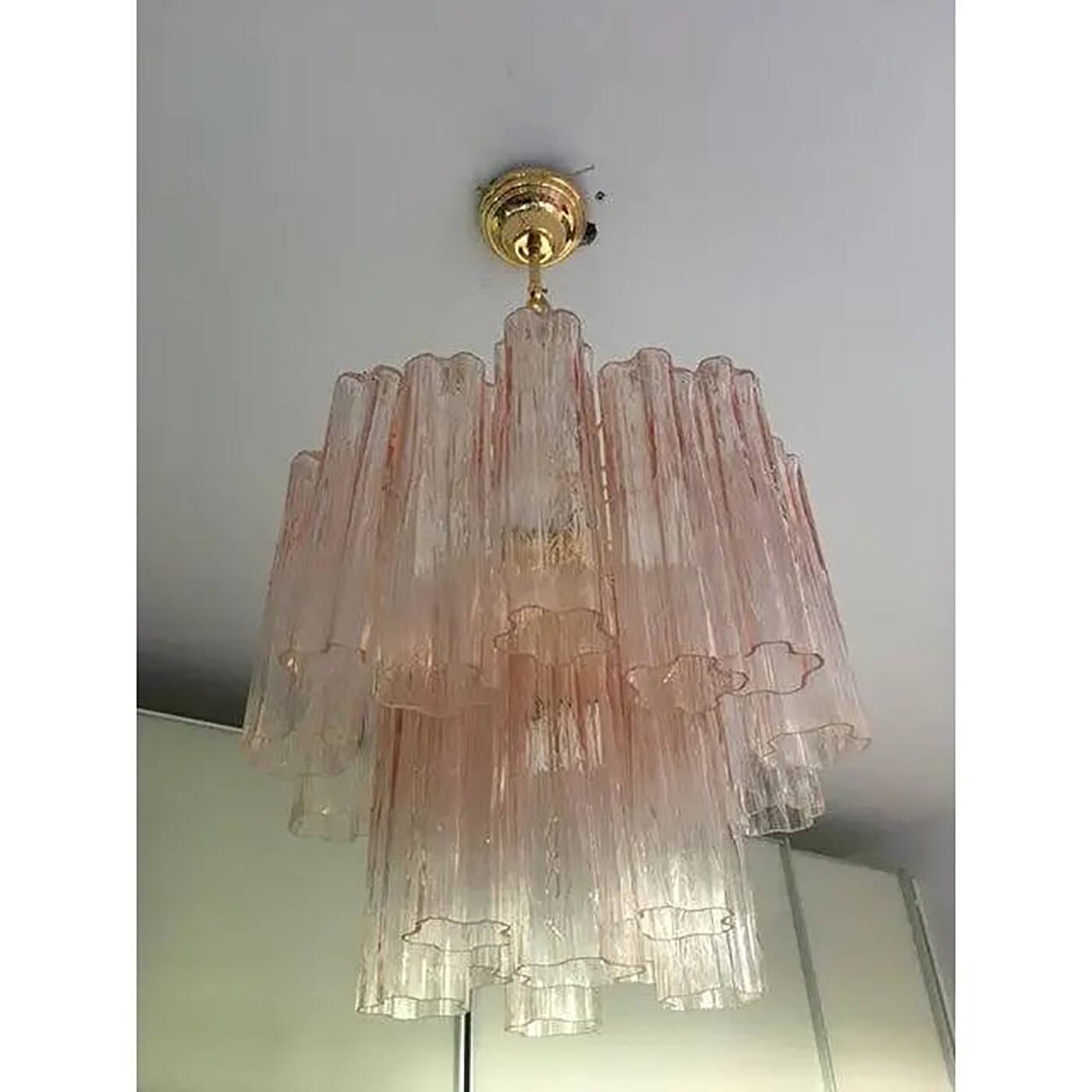 Set of 2 Contemporary Murano Style Glass Pink "Tronchi" Chandelier With Gol