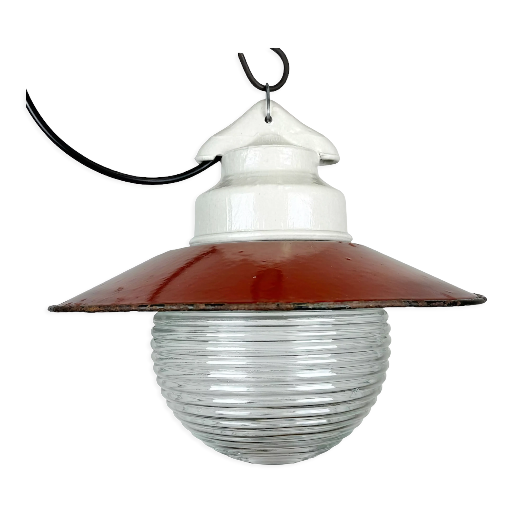 Industrial porcelain red enamel pendant light with ribbed clear glass, 1970s