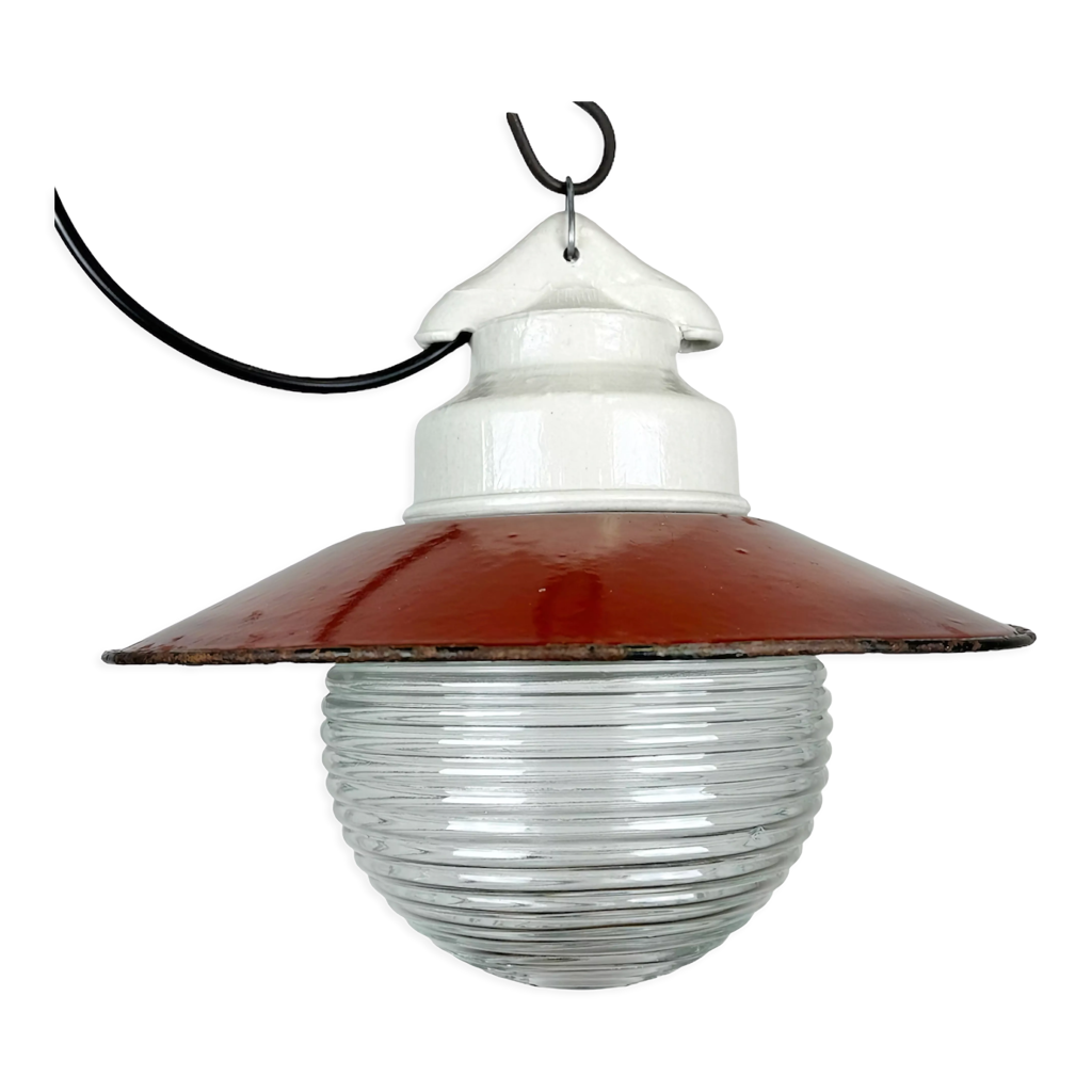 Industrial porcelain red enamel pendant light with ribbed clear glass, 1970s