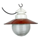 Industrial porcelain red enamel pendant light with ribbed clear glass, 1970s