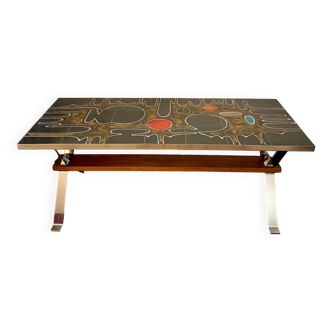Table basse en céramique design pieds chrome et bois de hêtre abstrait space age 1970