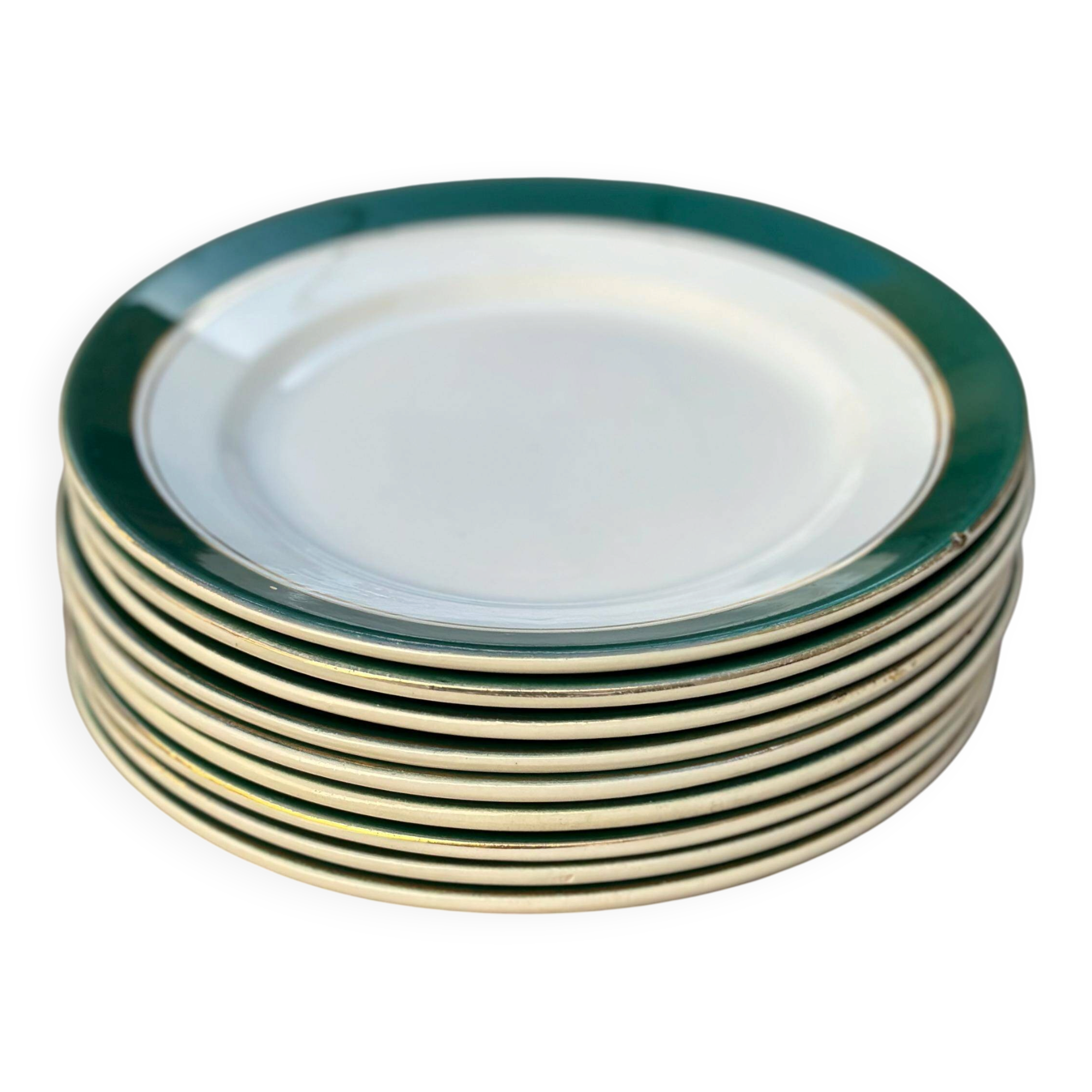 Dessert plates earthenware Digoin Sarreguemines Savoie green/gold, set of 9