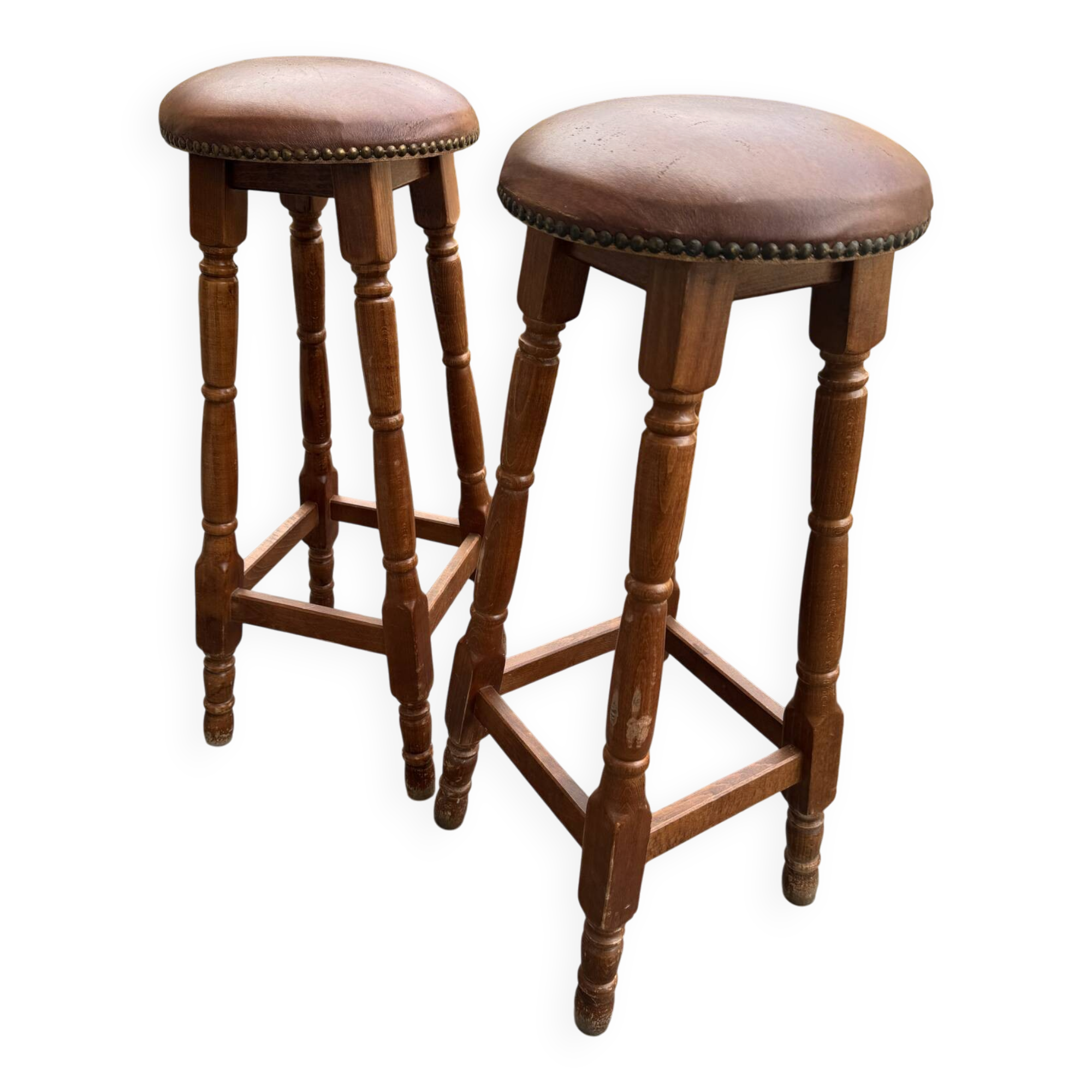 pair of vintage wooden and leather bar stools
