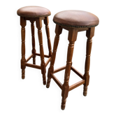 paire de tabourets de bar vintage en bois et cuir
