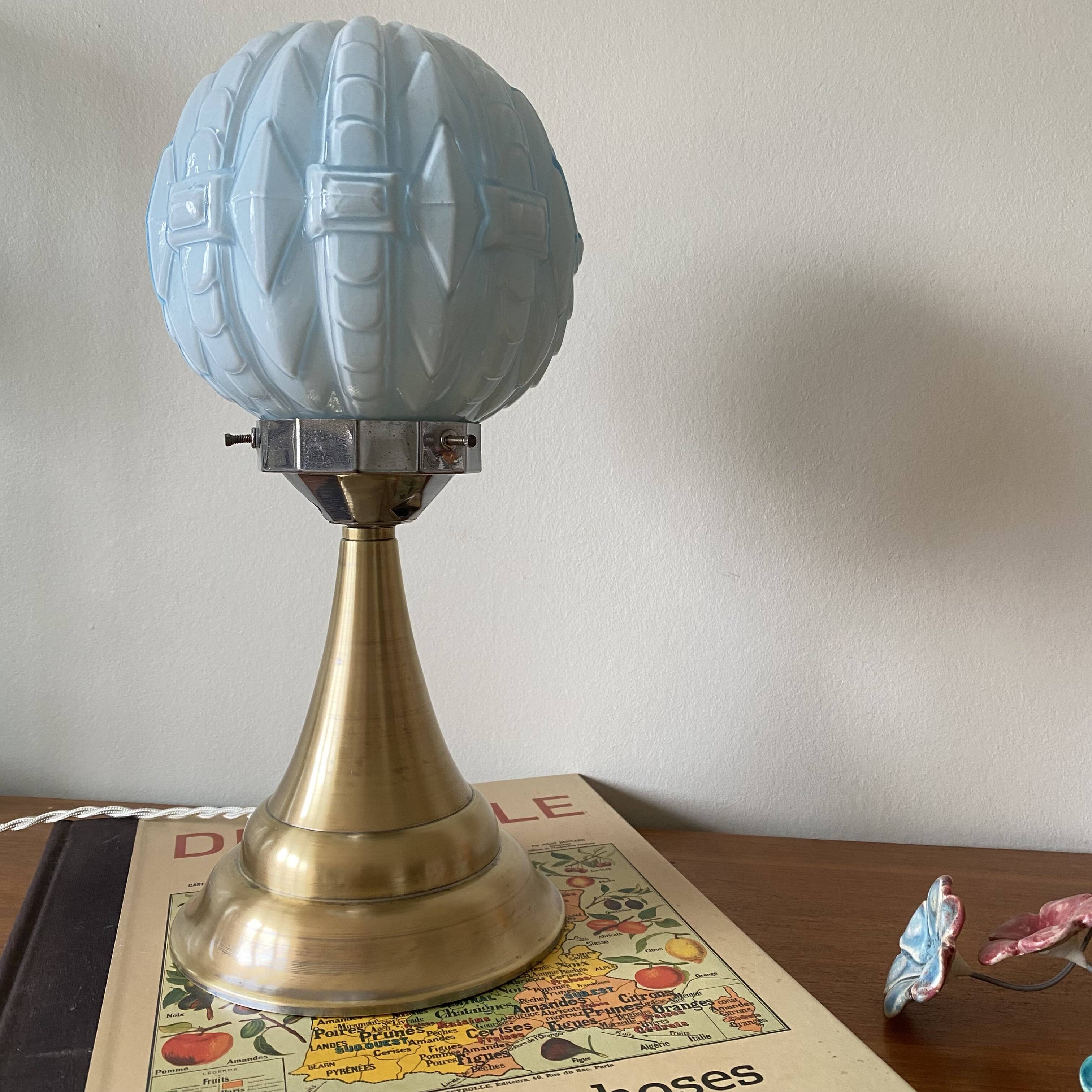 Vintage Art Deco modernist lamp with blue opaline glass and brass.