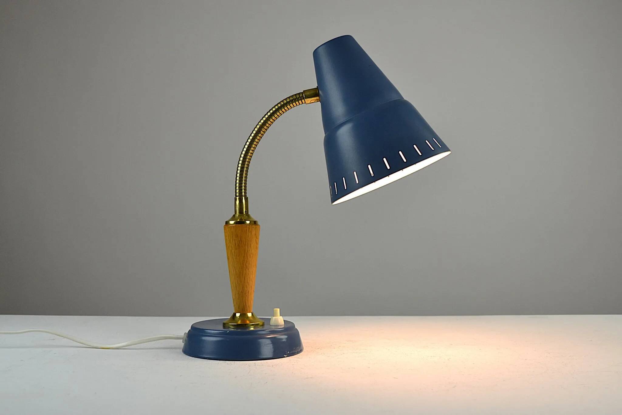 Blue Metal, Brass & Teak Table or Desk Lamp by Ringus, Sweden, 1950s