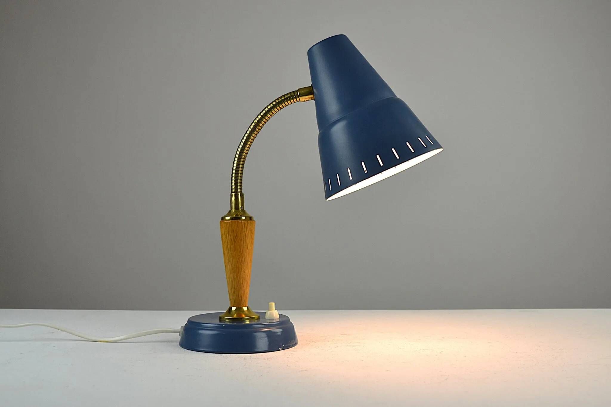 Blue Metal, Brass & Teak Table or Desk Lamp by Ringus, Sweden, 1950s
