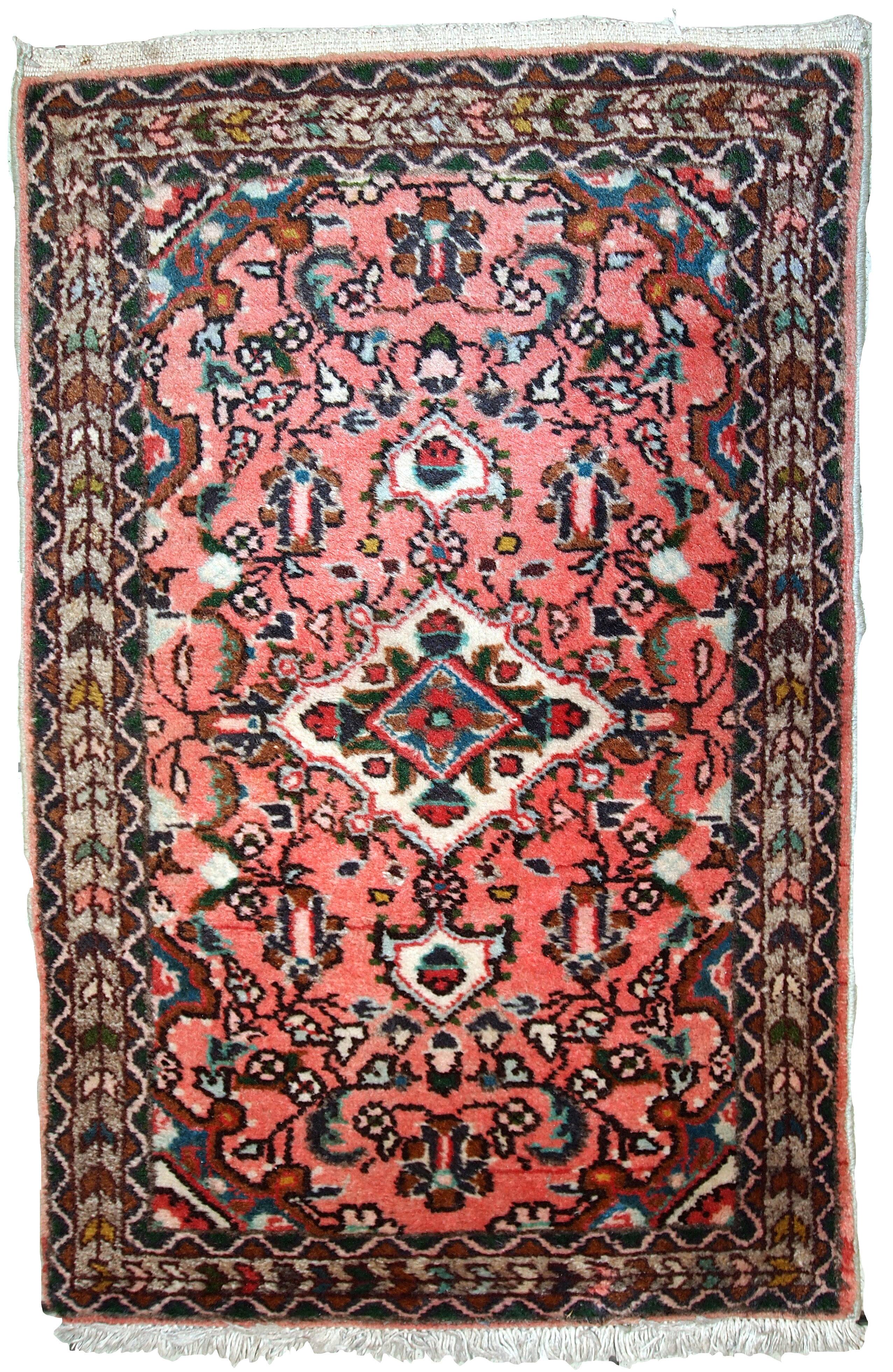 Tapis vintage fait main Lilihan en laine rose (59cm x 93cm) – Années 1970
