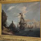 "View of a Busy Port" Oil on Canvas and its Frame, 18th Century