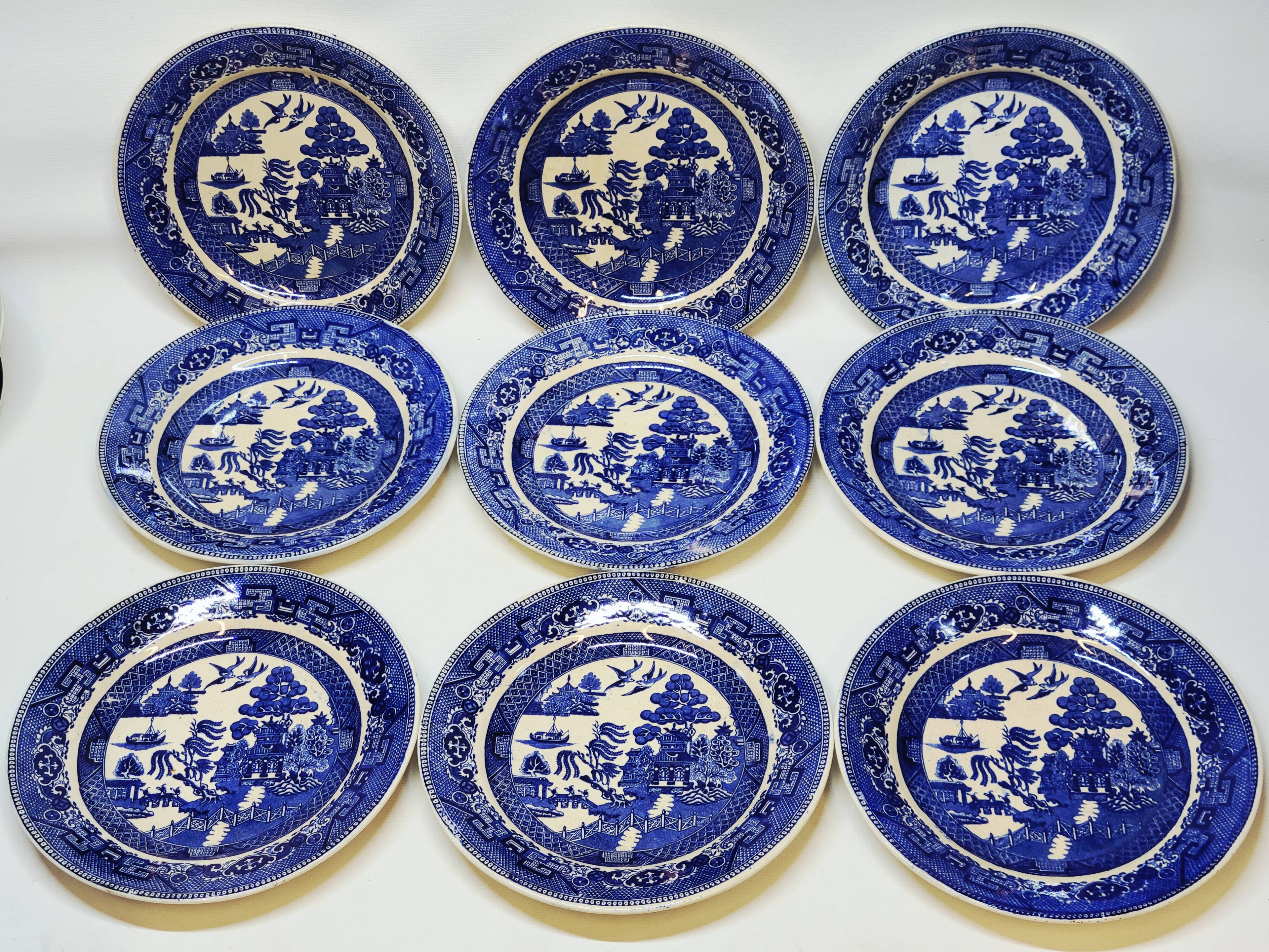 9 Antique Plates 19th Century Blue Willow Pattern Chinese Blue Decor