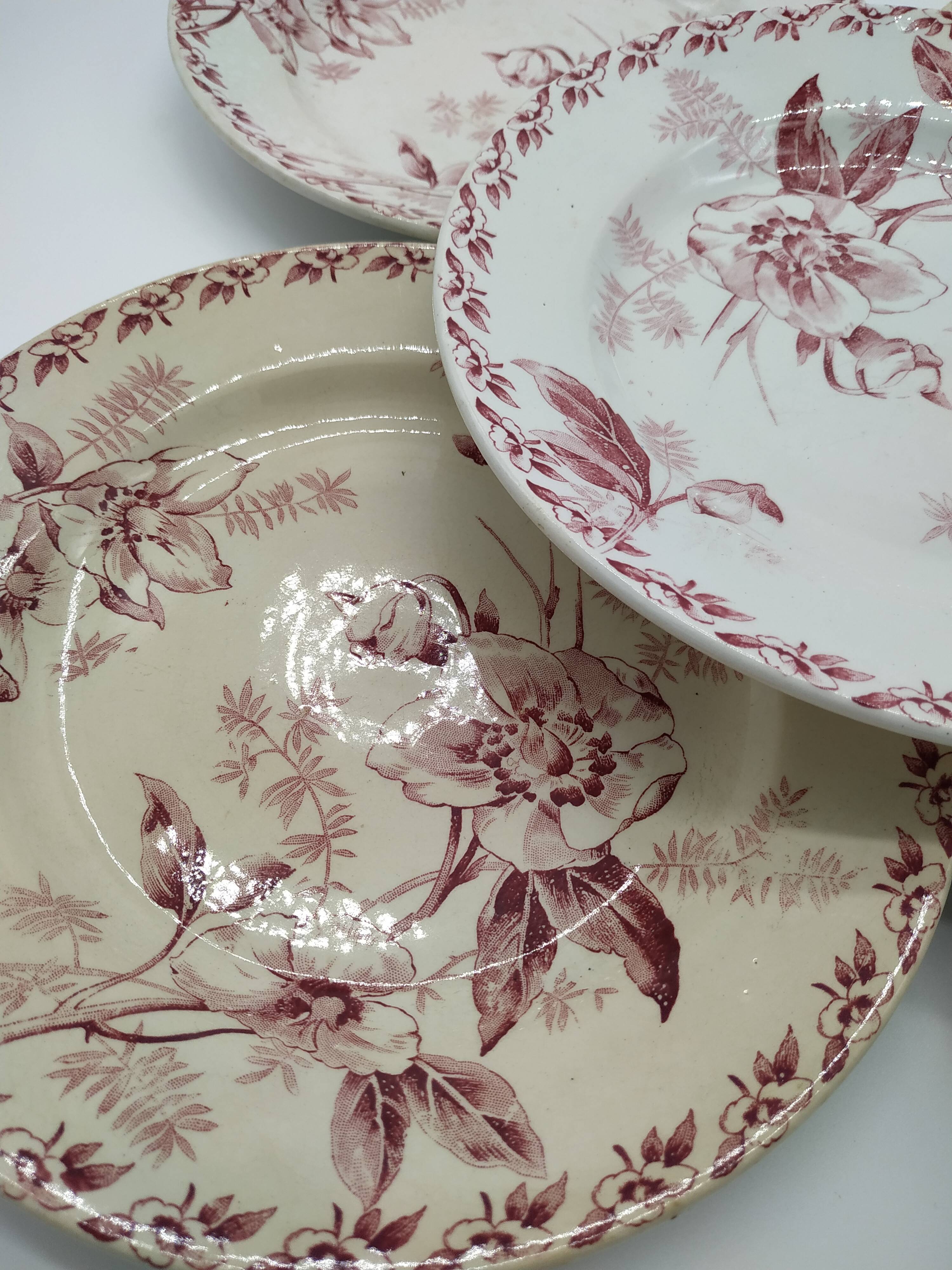 Set of 5 vintage flat plates decorated with pink flowers