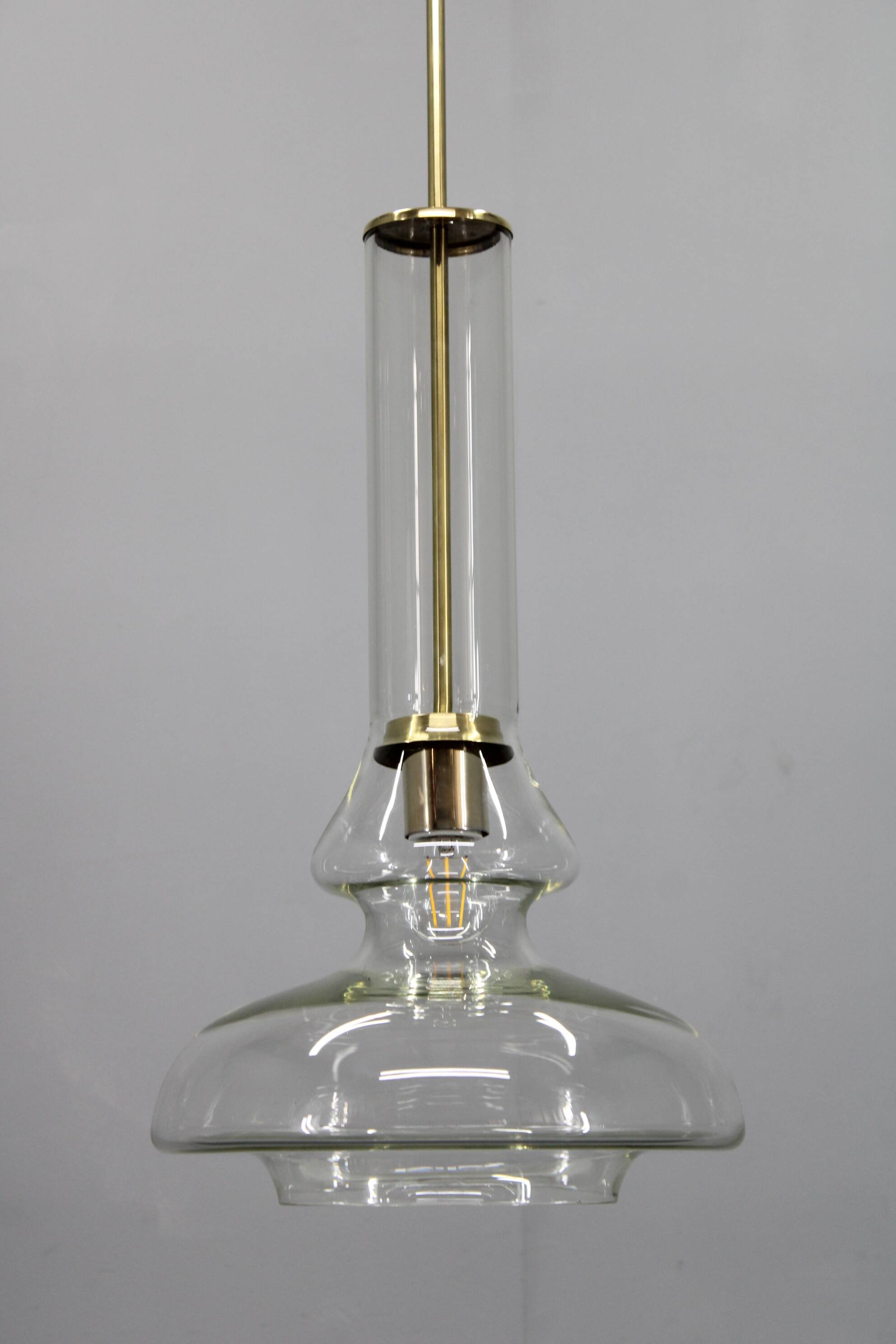 Mid-century Czech glass pendant light brass finish 1970s modern rewired