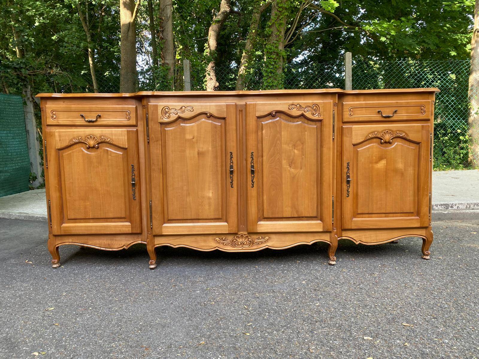 Light solid wood enfilade with Louis XV marquetry, 1950, 230cm.