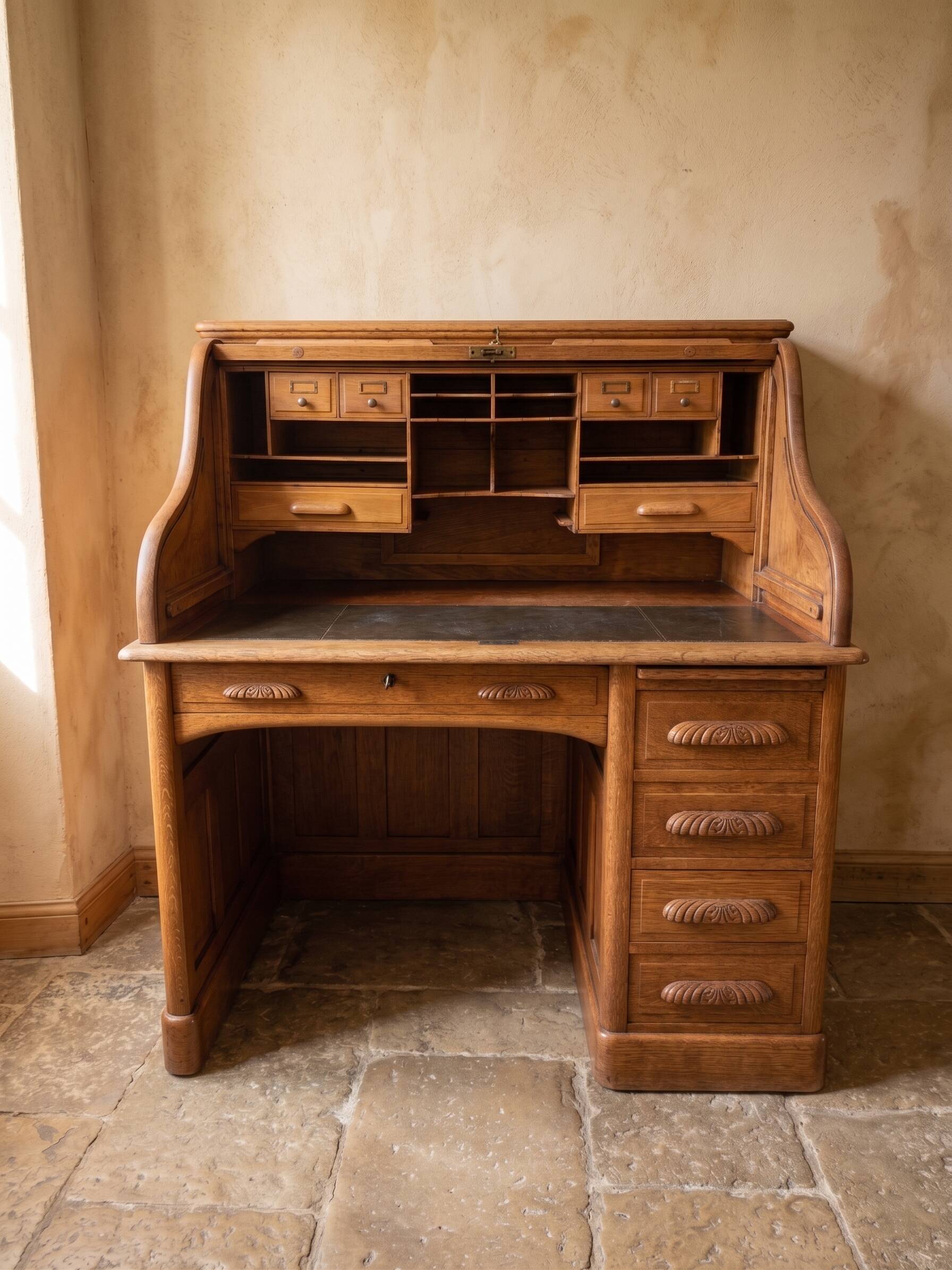 Oak desk with sliding door and leather wood chair.