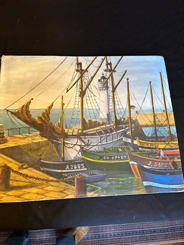 Bateaux de pêche  - peinture sur carton entoilé