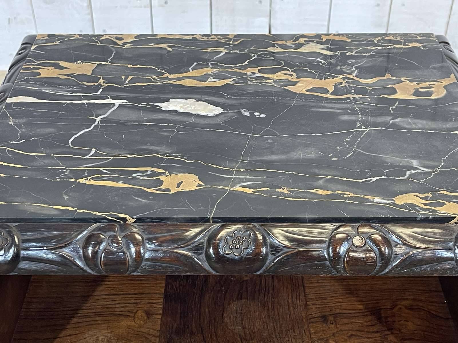 Art Deco bedside table in rosewood, walnut burl, and marble top.