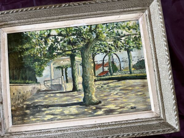 Tableau ancien place ombragée, signé Casa