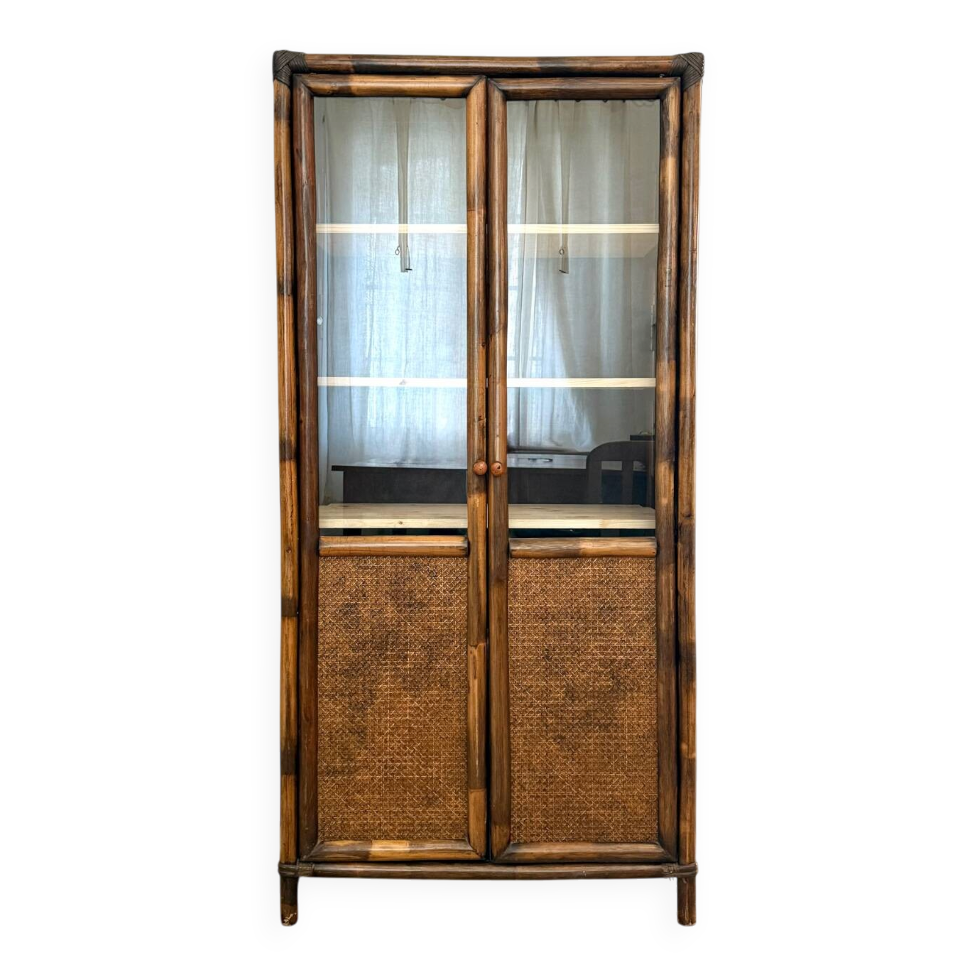 Glass cabinet in bamboo and cane