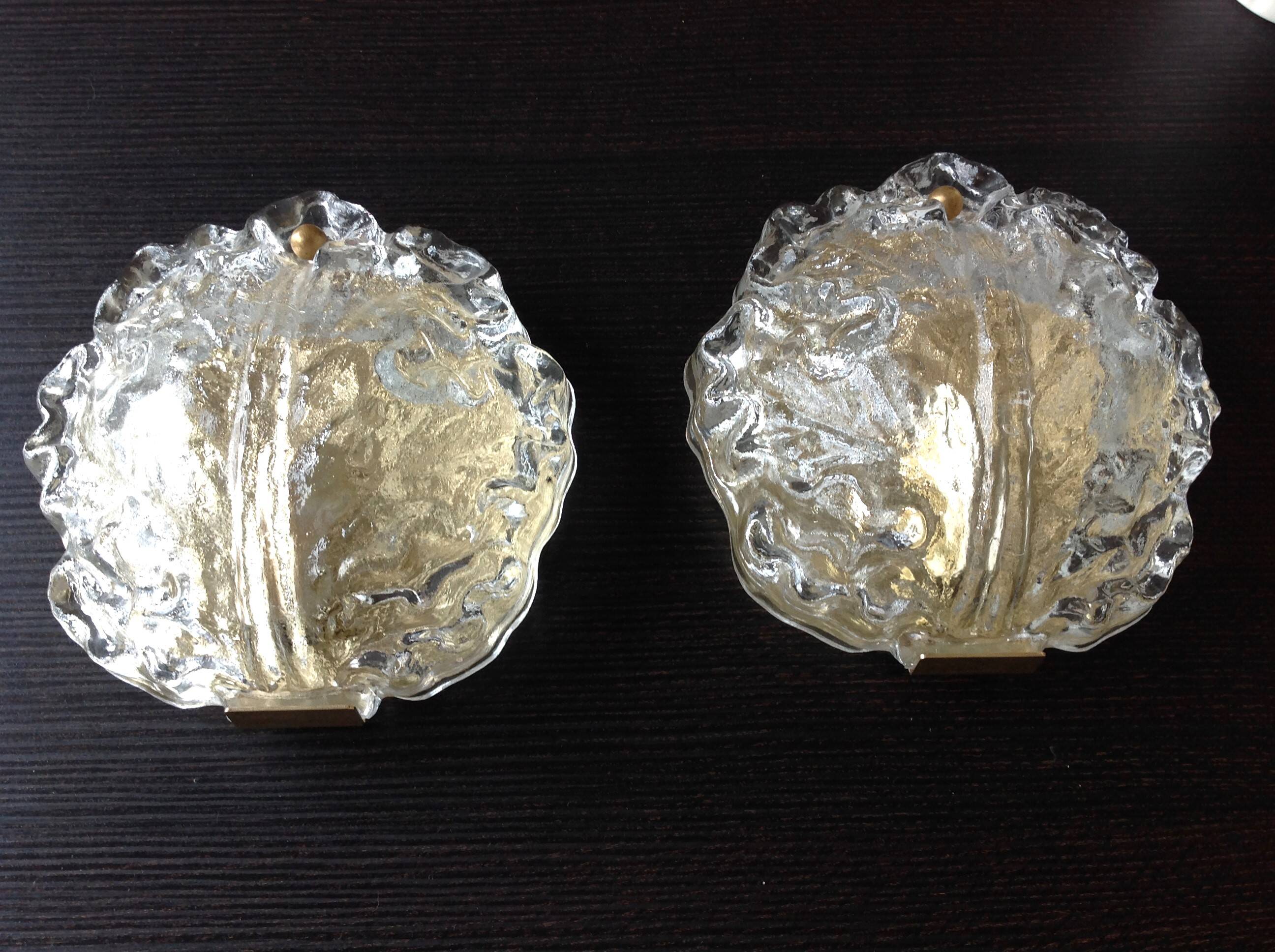 Pair of ice glass and brass wall lights by Limburg / vintage 60s-70s