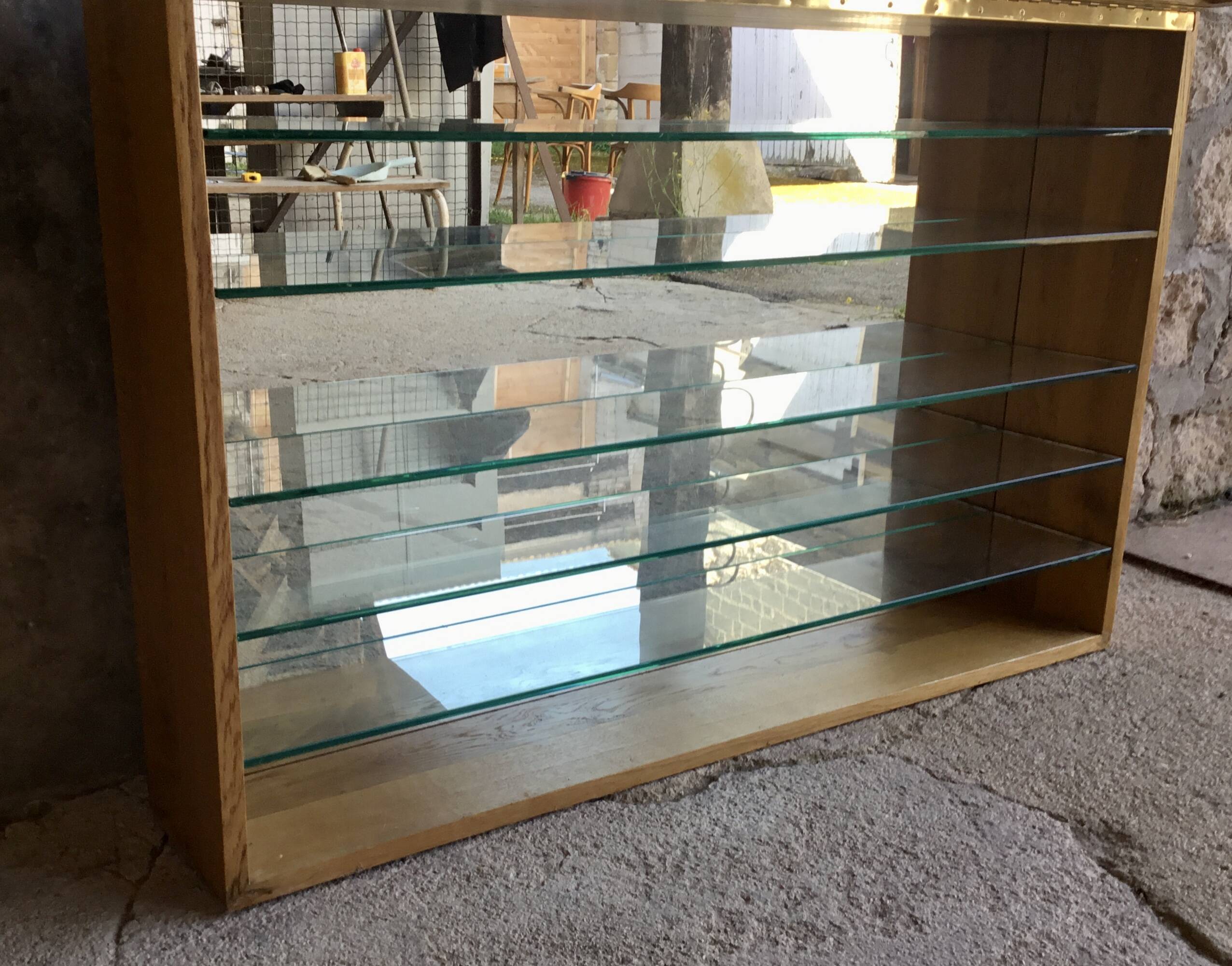 Large pharmacy wall display case in light oak - vintage 1960