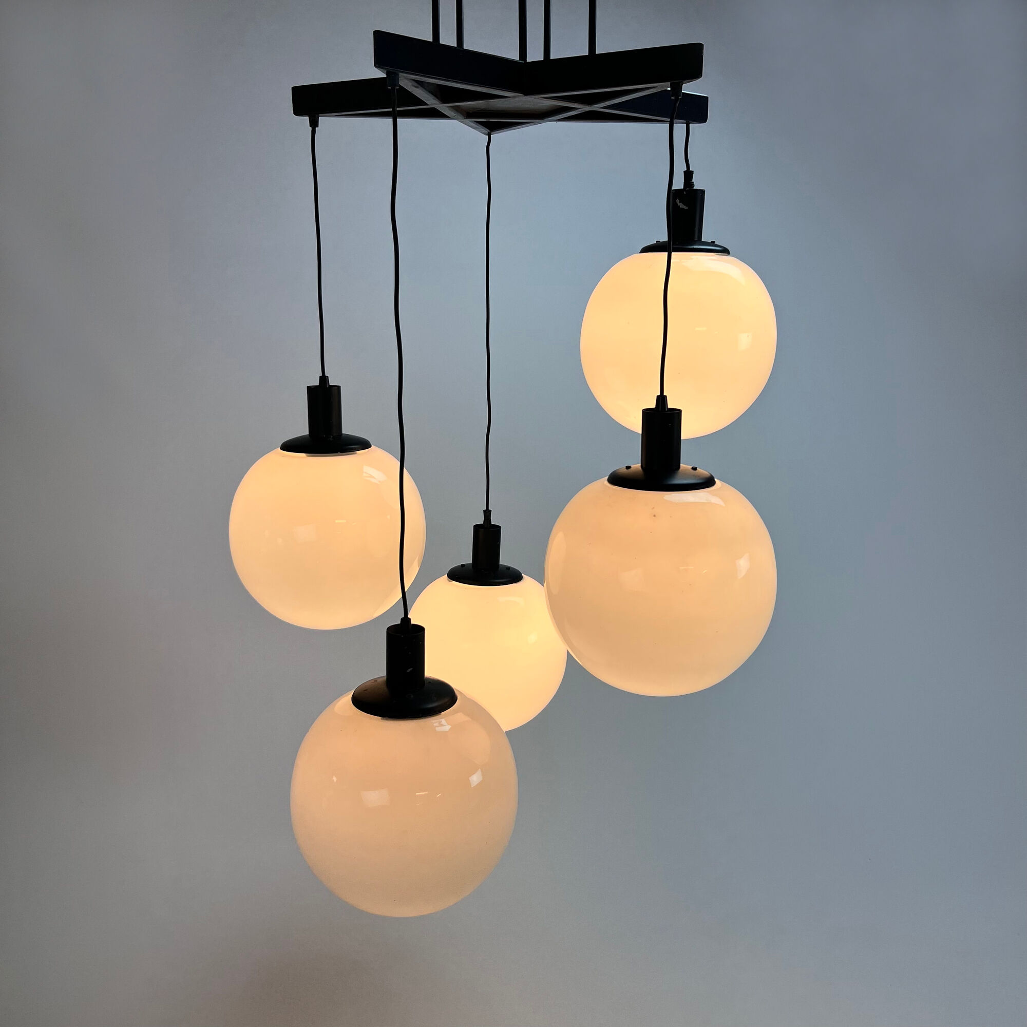 Mid century hanging lamp with 5 white bols, 1970s