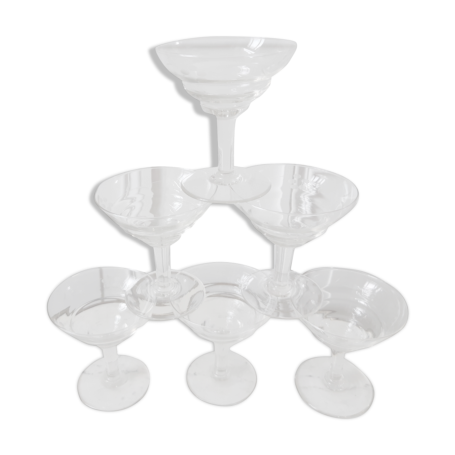 Lot of 6 crystal champagne glasses engraved 50s