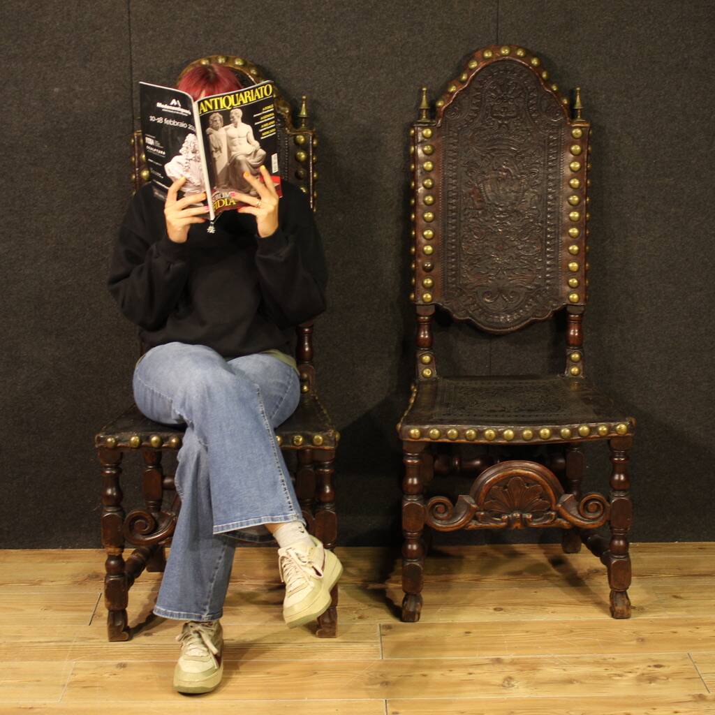 Pair of 18th-century antique Italian leather chairs