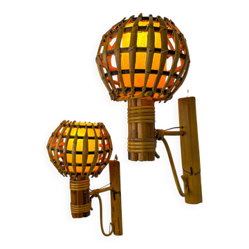 Pair of mid-century rattan wall sconces, Italy 1970s