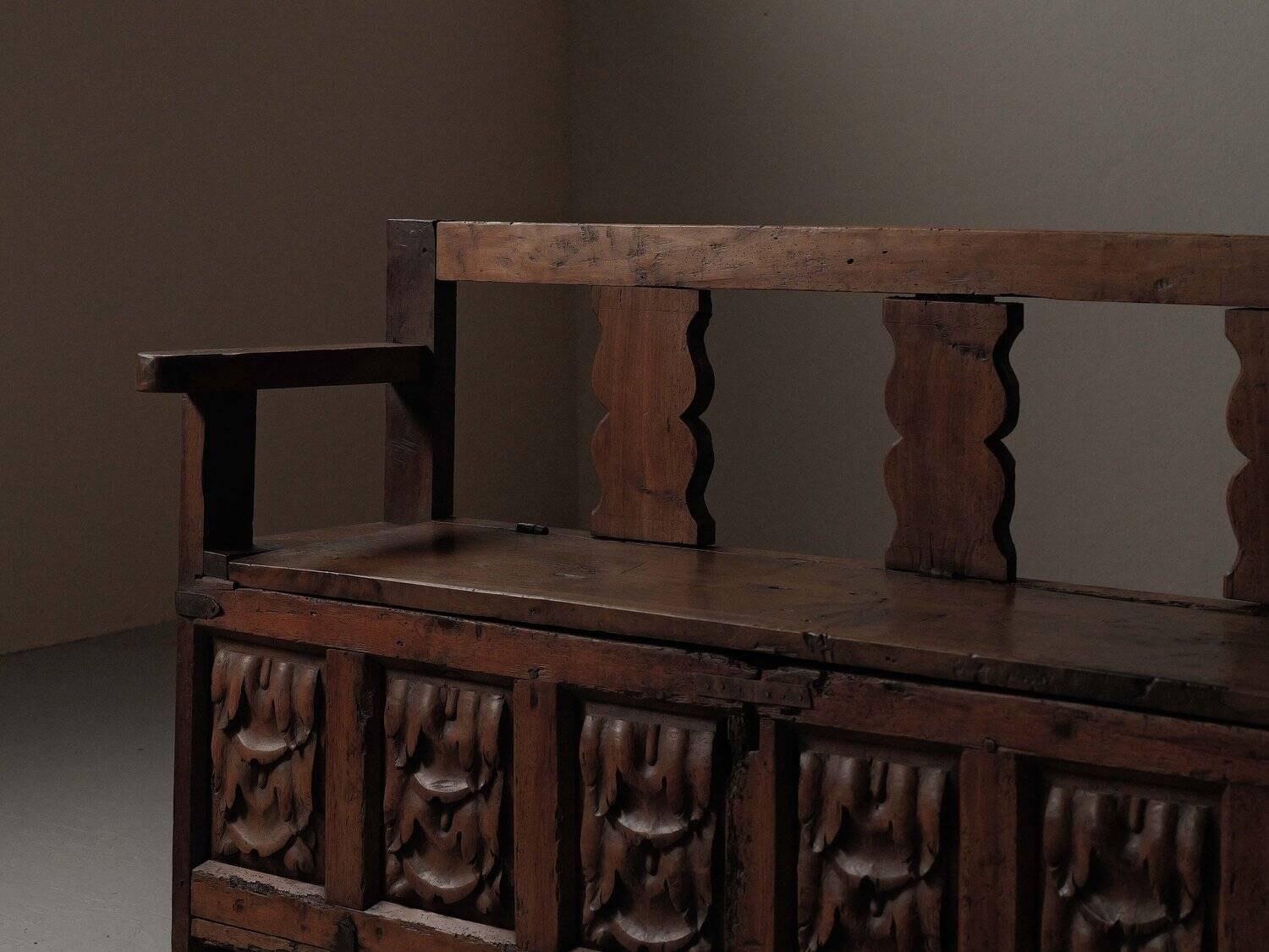 Carved solid wood bench-chest, 18th century