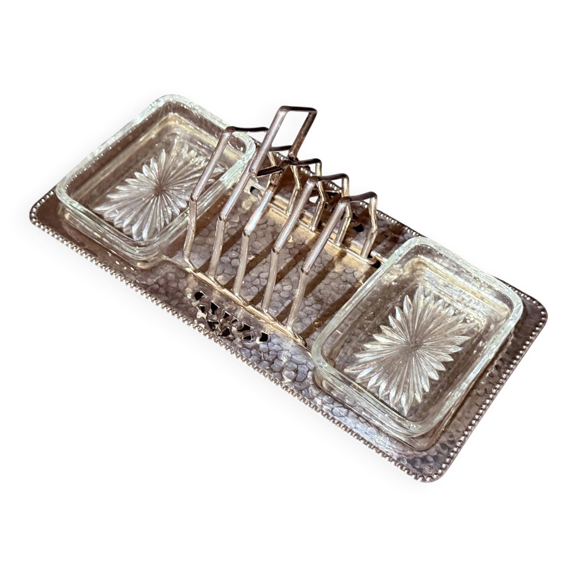 Art Deco Silver Plated Toast Rack, Matching Hammered Tray Crystal Butter Dishes