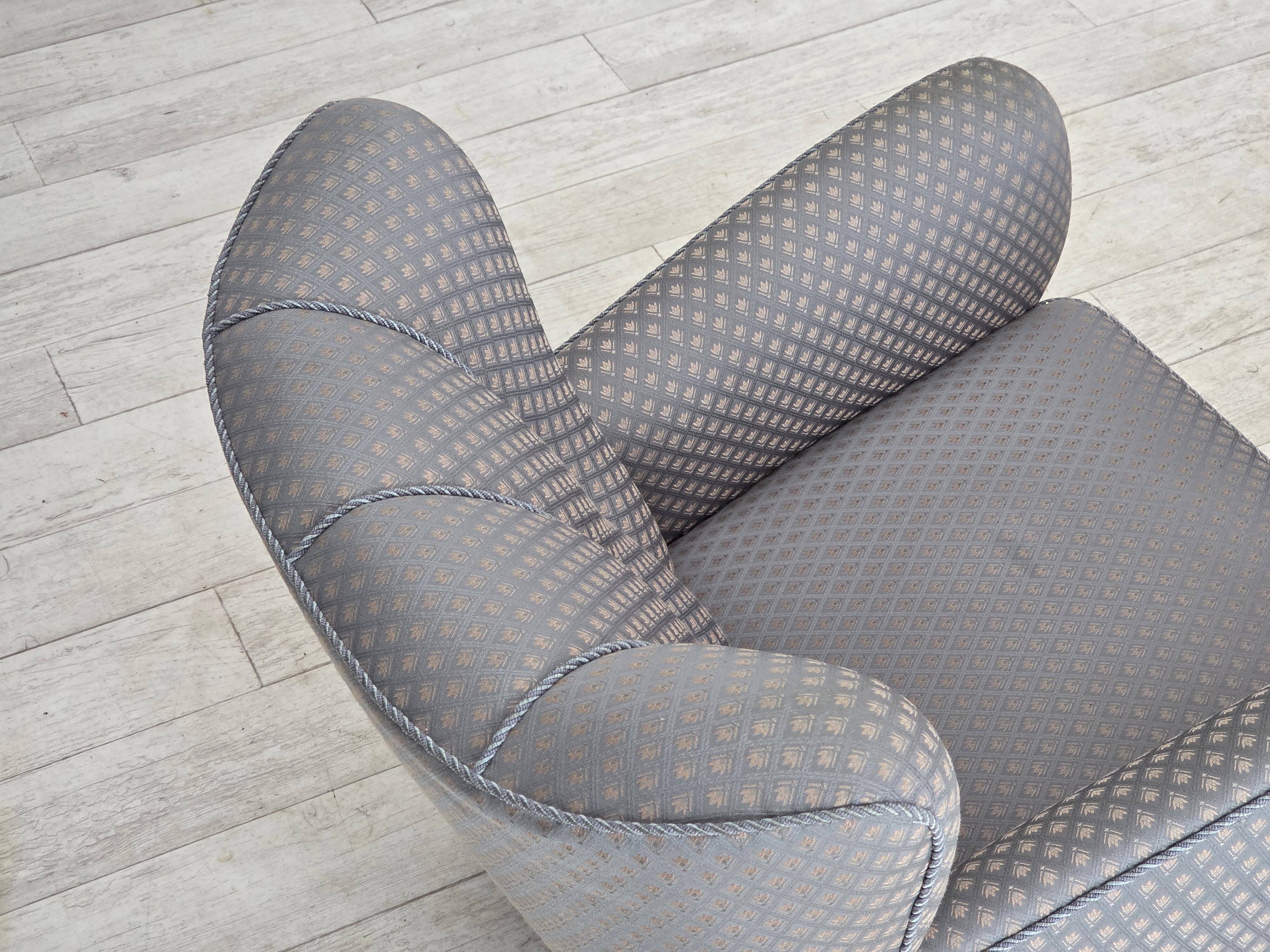 1950s, Danish armchair, furniture fabric, carved oak wood.