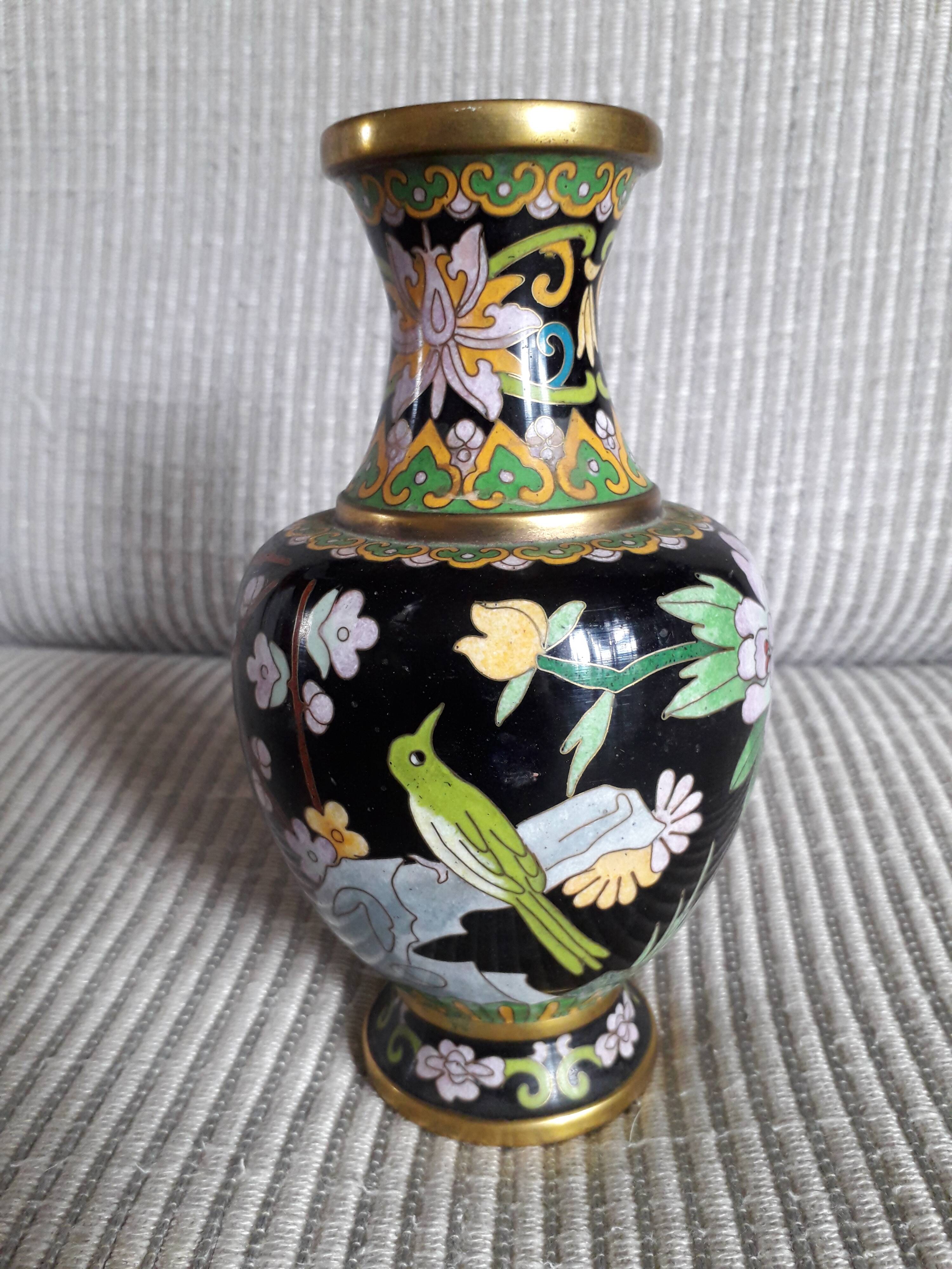 Vintage cloisonné enamel vase with floral and bird decoration
