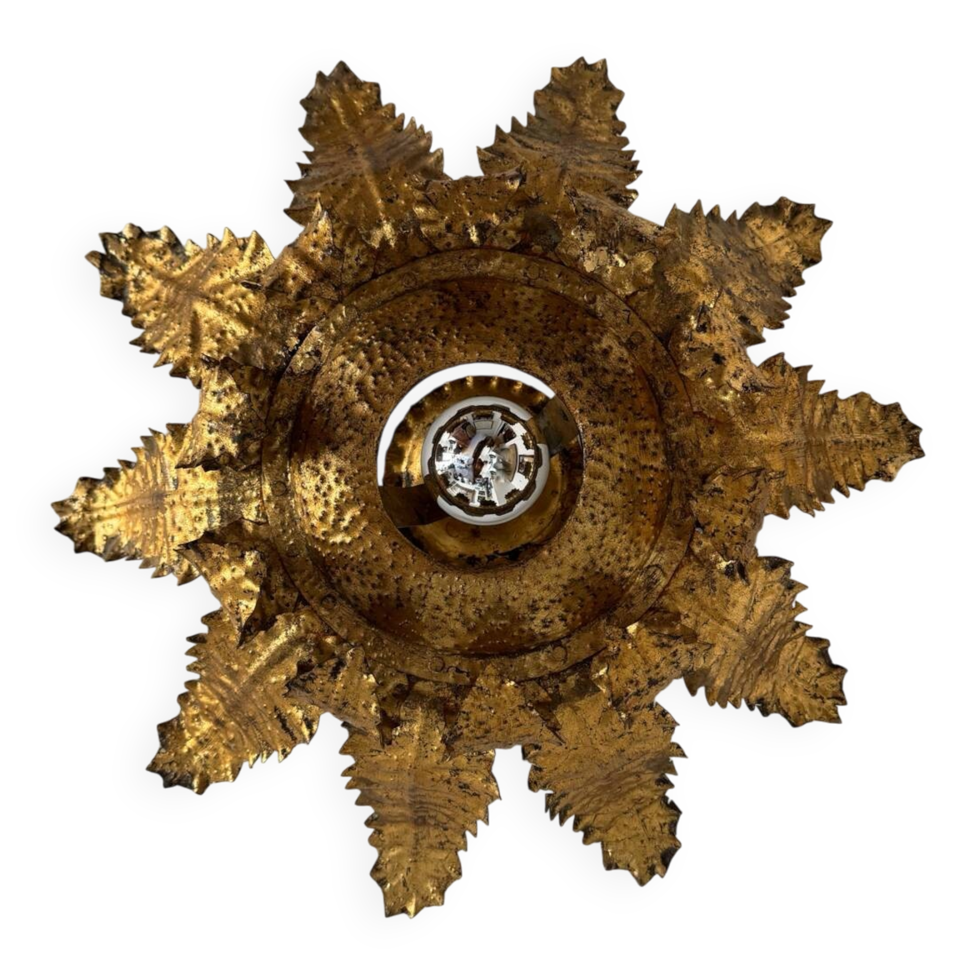 Plafonnier soleil fer forgé doré années 60