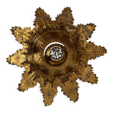 Golden wrought iron sun ceiling light from the 1960s.
