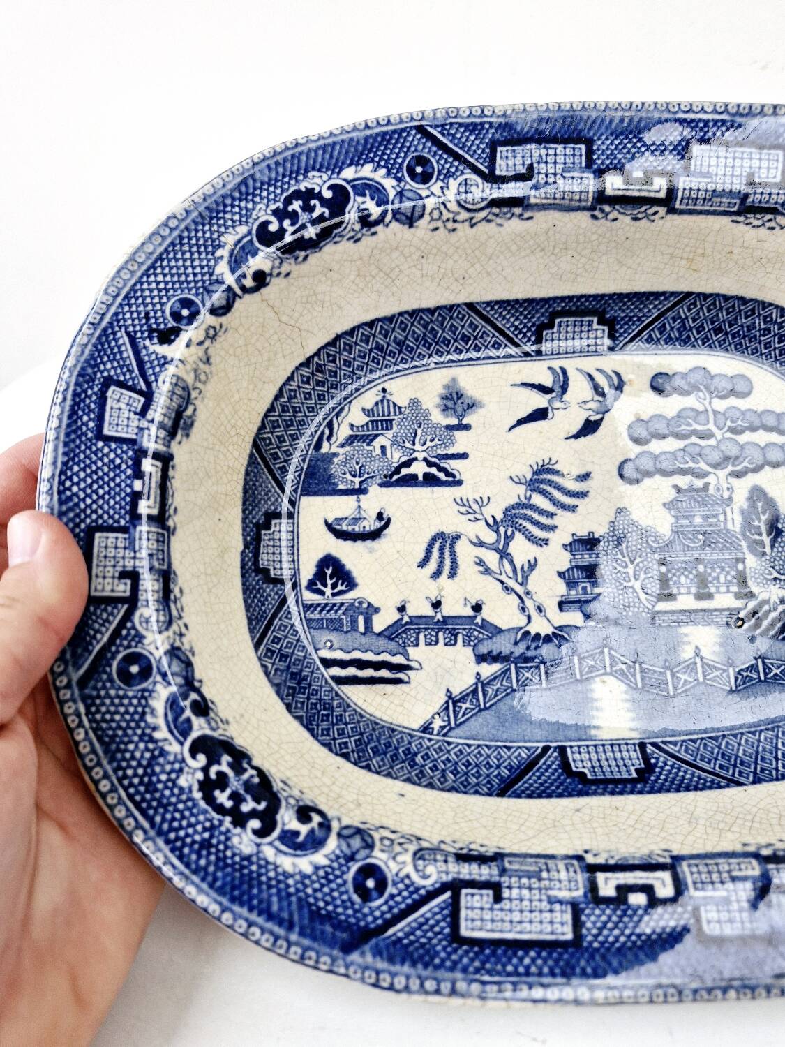 Old Rectangular Hollow Dish In English Earthenware 19th Chinese Decor Blue Willow