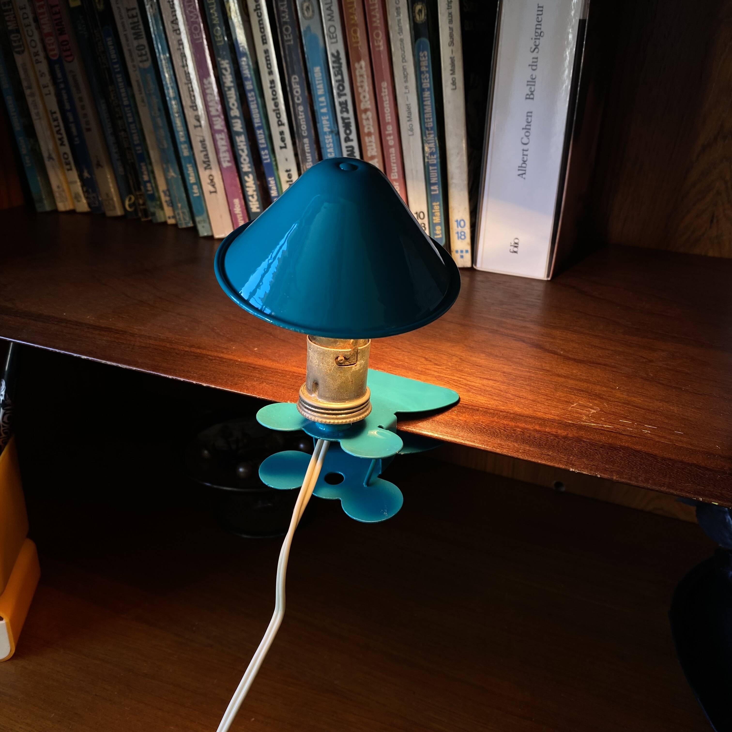 Small blue-green metal mushroom clip lamp vintage night light